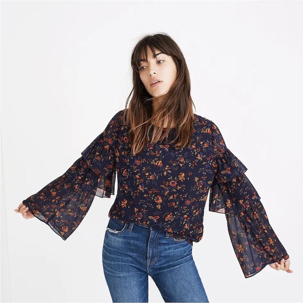 Madewell Ruffle Long Sleeve Holiday Top In Oriental Floral Midnight Size Large